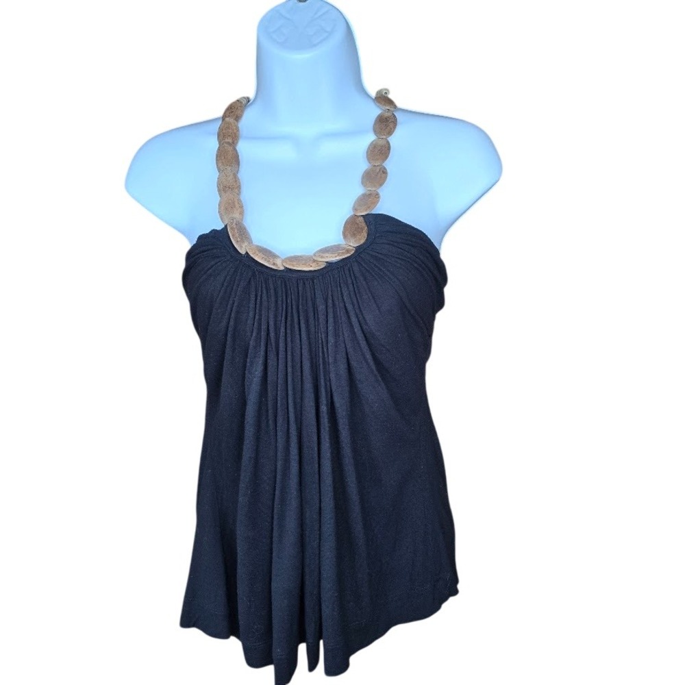 Küll Halter Top Womens S Black Wood Bead Collar Boho Coastal Pleated Festival